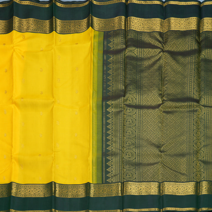 Hayagrivas Handloom Yellow Kanjivaram Silk Saree with Bottle Green Border KBF266E1-1