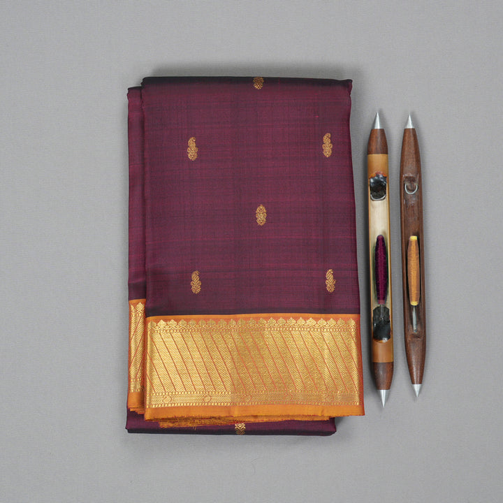 Hayagrivas Handloom Wine Kanjivaram Silk Saree with Golden Orange Border KBF266E6-1