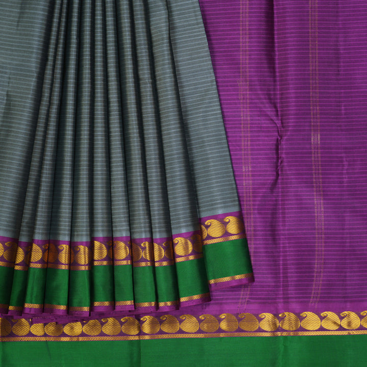 Hayagrivas Handloom Grey Kanjivaram Silk Saree with Purple Border KBF269E1-11