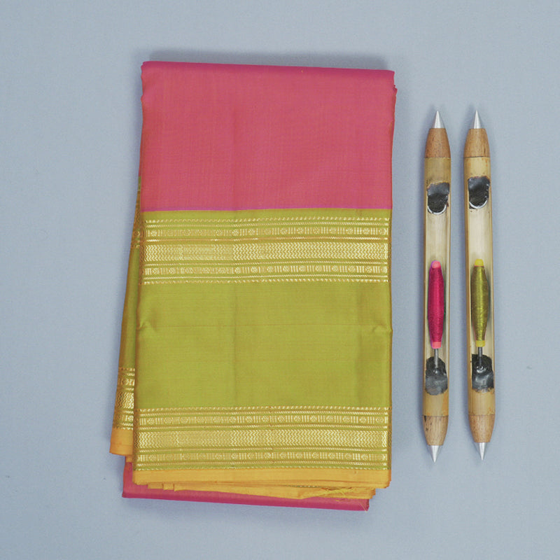 Hayagrivas Handloom Orangish-Pink Kanjivaram Silk Saree with Sampanga Green Border KBF269E6-7