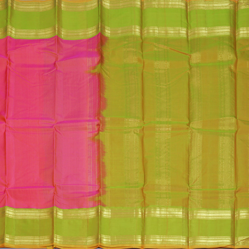 Hayagrivas Handloom Orangish-Pink Kanjivaram Silk Saree with Sampanga Green Border KBF269E6-7