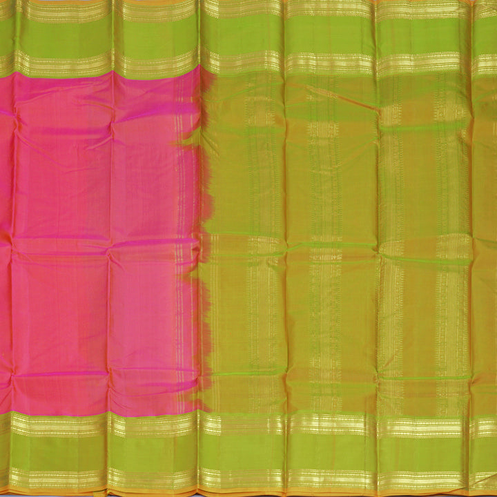 Hayagrivas Handloom Orangish-Pink Kanjivaram Silk Saree with Sampanga Green Border KBF269E6-7