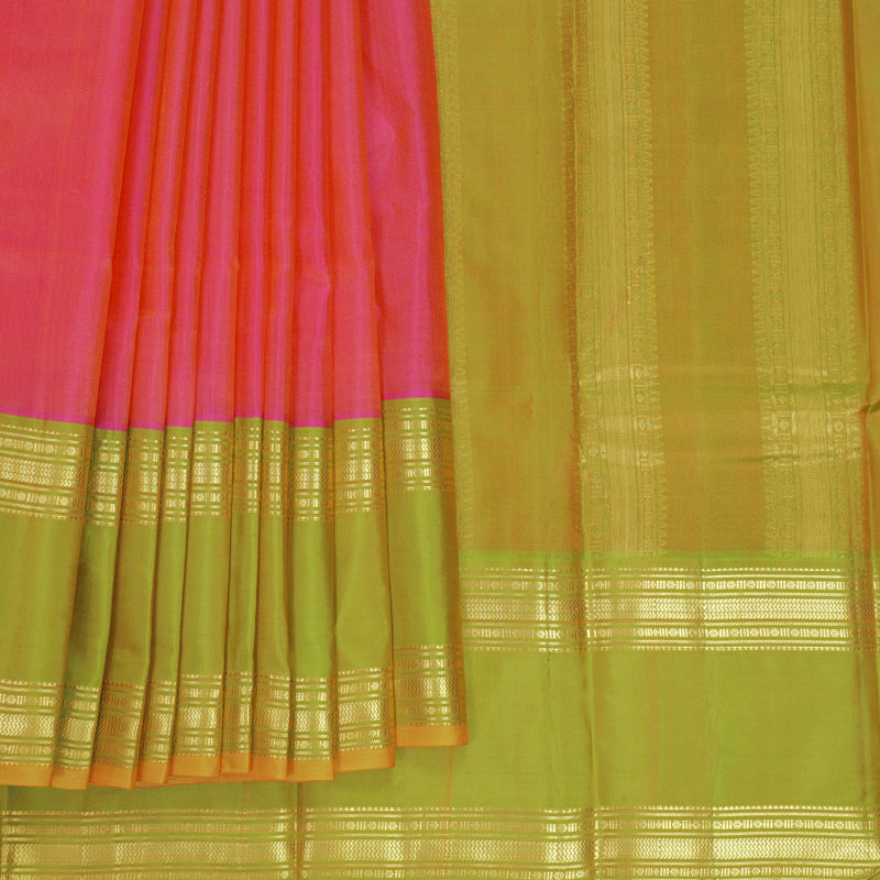 Hayagrivas Handloom Orangish-Pink Kanjivaram Silk Saree with Sampanga Green Border KBF269E6-7