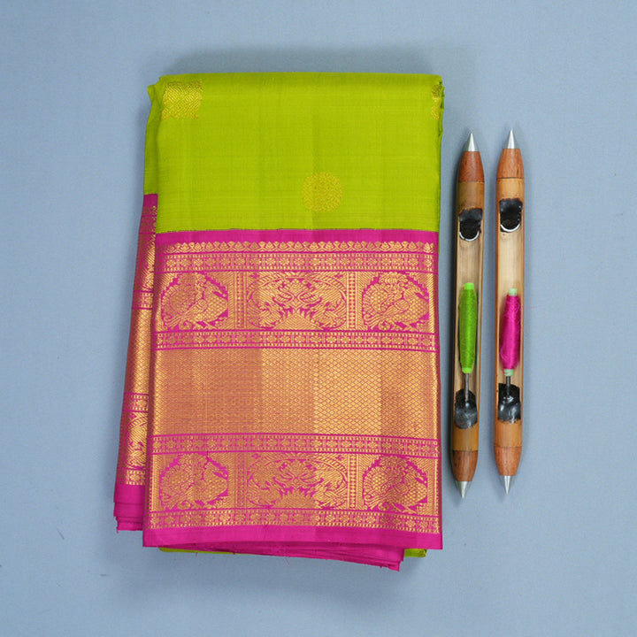 Hayagrivas Handloom Parrot Green Kanjivaram Silk Saree with Pink Border KBF274E1-1