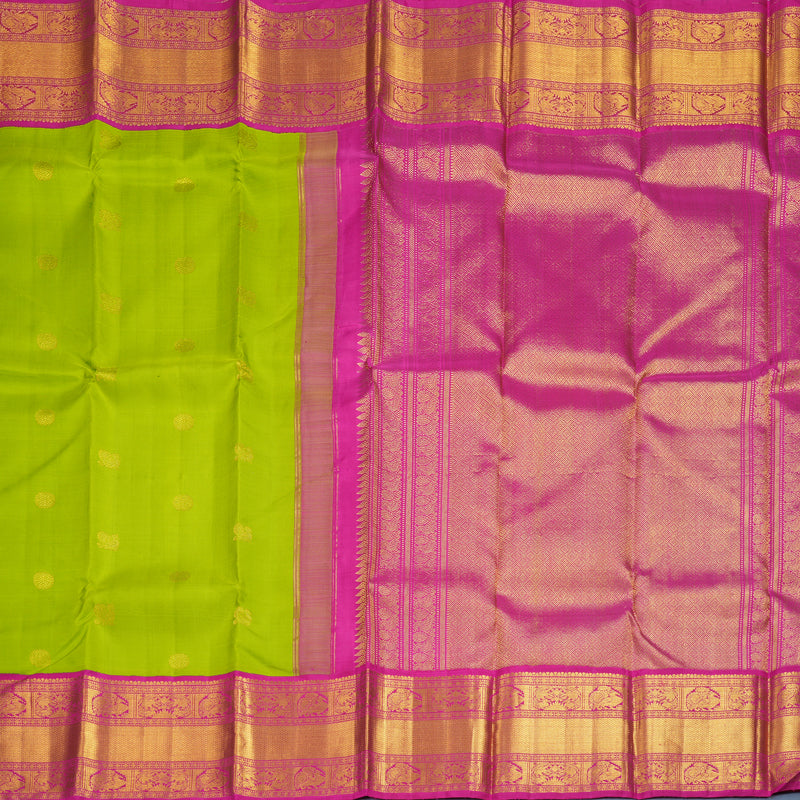 Hayagrivas Handloom Parrot Green Kanjivaram Silk Saree with Pink Border KBF274E1-1