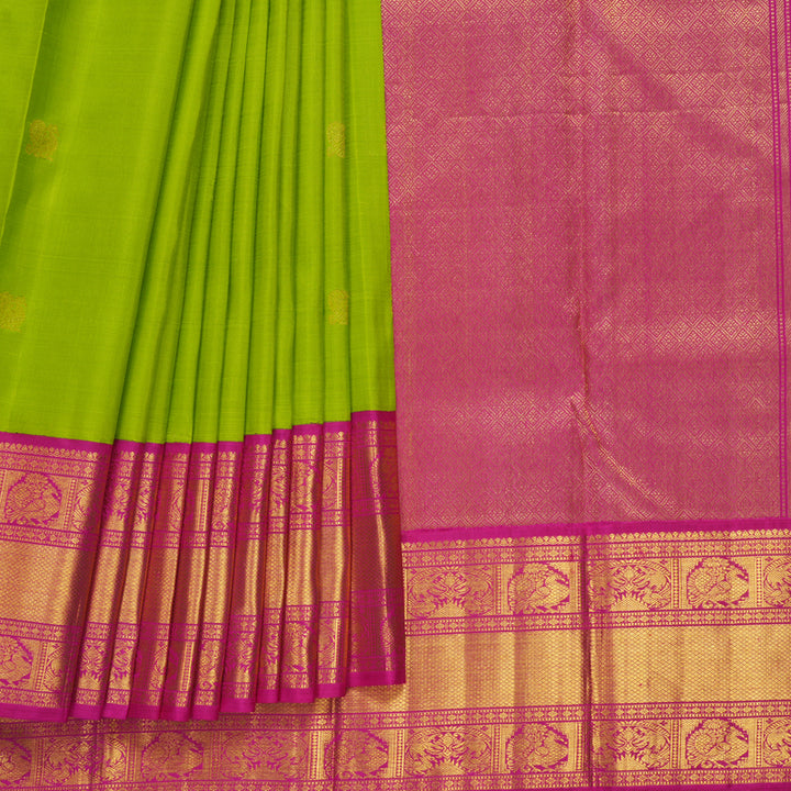 Hayagrivas Handloom Parrot Green Kanjivaram Silk Saree with Pink Border KBF274E1-1