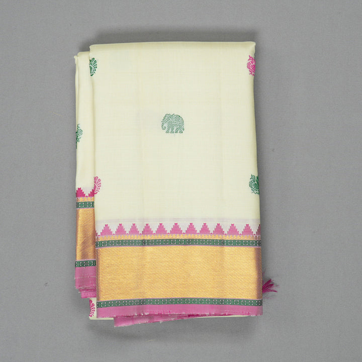 Hayagrivas Handloom Half-White Kanjivaram Silk Saree with Pink Border KBF278E2-1