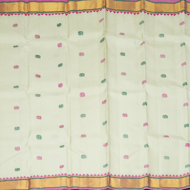 Hayagrivas Handloom Half-White Kanjivaram Silk Saree with Pink Border KBF278E2-1