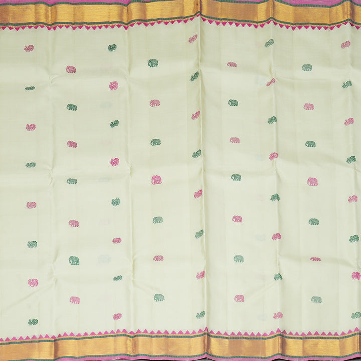Hayagrivas Handloom Half-White Kanjivaram Silk Saree with Pink Border KBF278E2-1