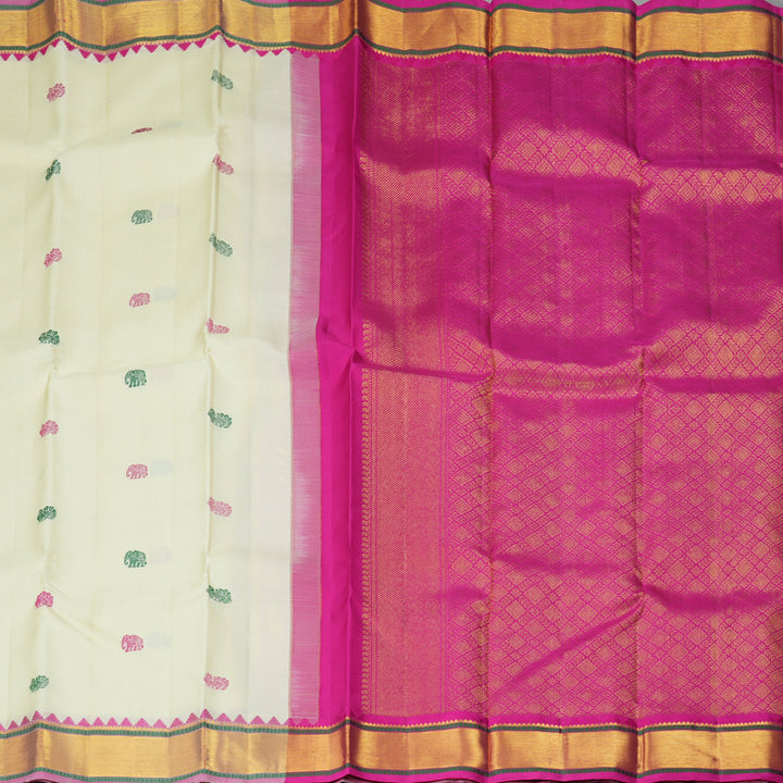 Hayagrivas Handloom Half-White Kanjivaram Silk Saree with Pink Border KBF278E2-1