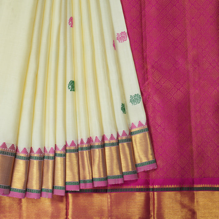 Hayagrivas Handloom Half-White Kanjivaram Silk Saree with Pink Border KBF278E2-1