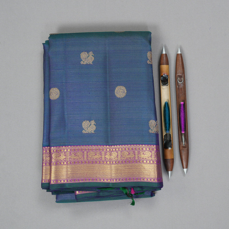 Hayagrivas Handloom Peacock Blue Kanjivaram Silk Saree with Purple Border KBF27D2-1