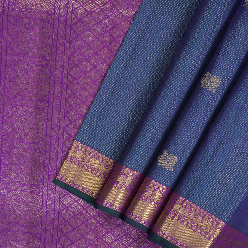 Hayagrivas Handloom Peacock Blue Kanjivaram Silk Saree with Purple Border KBF27D2-1
