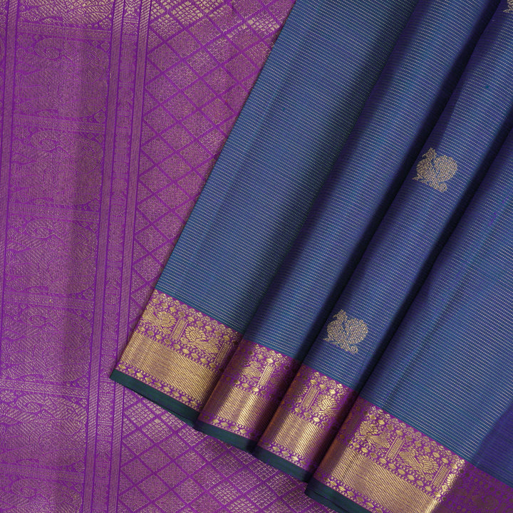 Hayagrivas Handloom Peacock Blue Kanjivaram Silk Saree with Purple Border KBF27D2-1