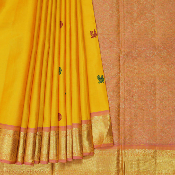 Hayagrivas Handloom Yellow Kanjivaram Silk Saree with Onion Pink Border KBF284E4-2