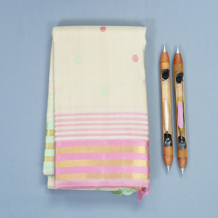 Hayagrivas Handloom Half-White Kanjivaram Silk Saree with Ganga Jamuna Border KBF284E5-2