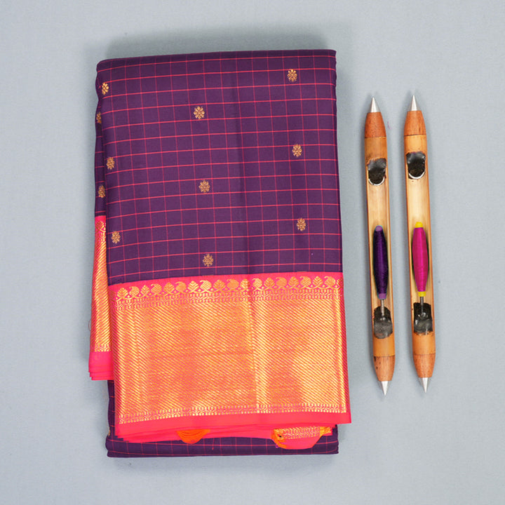 Hayagrivas Handloom Purple Kanjivaram Silk Saree with Orangish-Pink Border KBF285E11-3