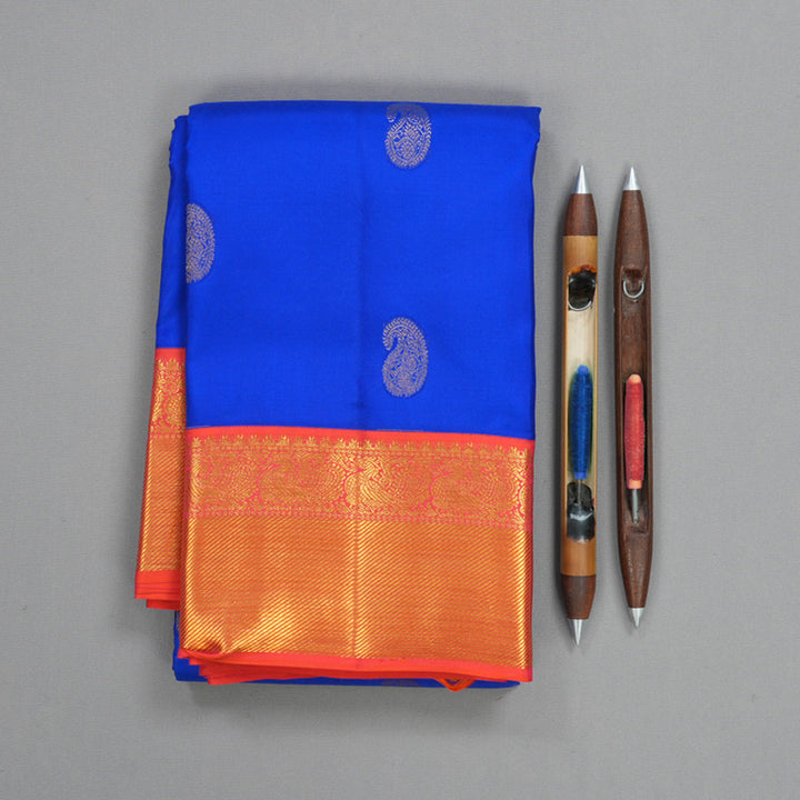 Hayagrivas Handloom MS Blue Kanjivaram Silk Saree with Orangish-Pink Border KBF285E11-5