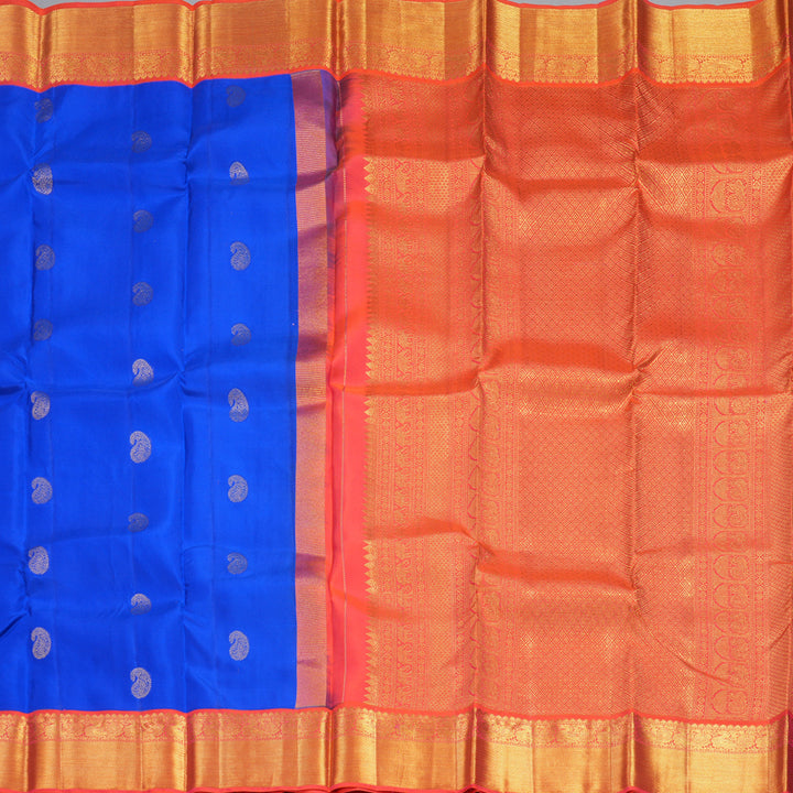 Hayagrivas Handloom MS Blue Kanjivaram Silk Saree with Orangish-Pink Border KBF285E11-5