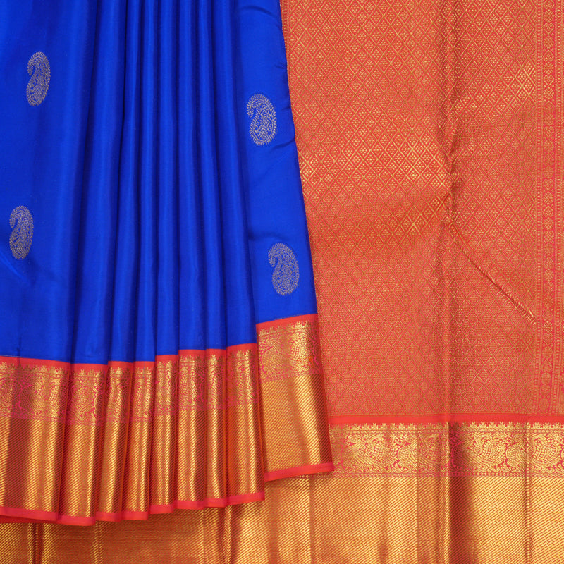 Hayagrivas Handloom MS Blue Kanjivaram Silk Saree with Orangish-Pink Border KBF285E11-5