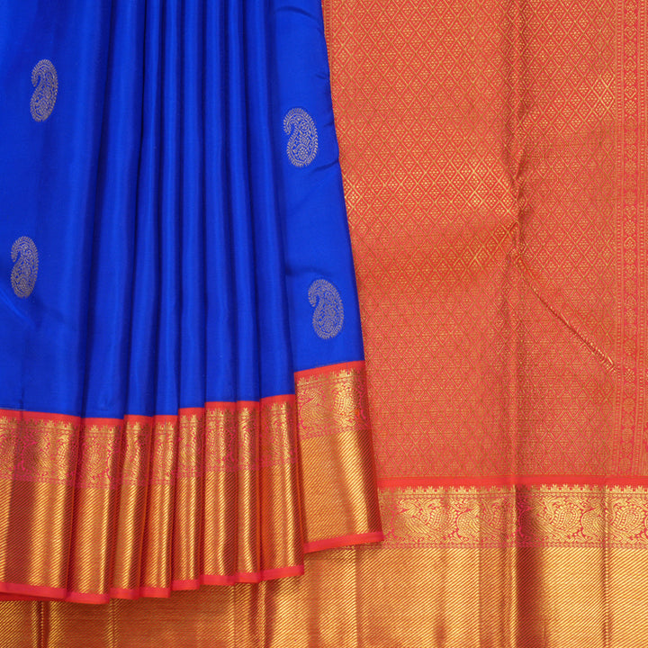 Hayagrivas Handloom MS Blue Kanjivaram Silk Saree with Orangish-Pink Border KBF285E11-5