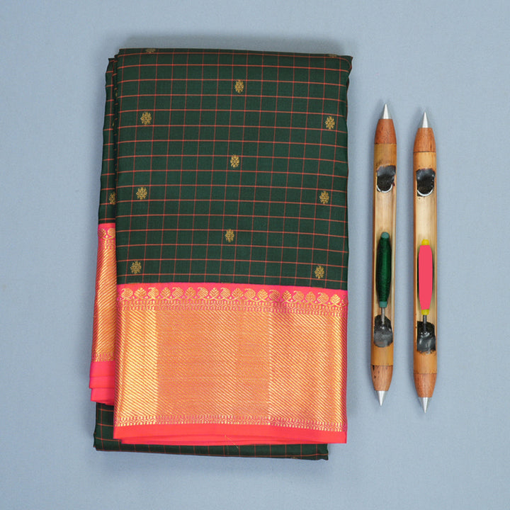Hayagrivas Handloom Bottle Green Kanjivaram Silk Saree with Orangish-Pink Border KBF285E11-7