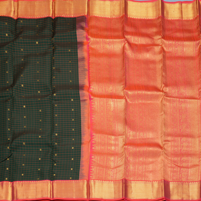 Hayagrivas Handloom Bottle Green Kanjivaram Silk Saree with Orangish-Pink Border KBF285E11-7