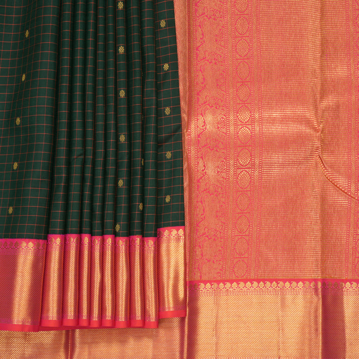 Hayagrivas Handloom Bottle Green Kanjivaram Silk Saree with Orangish-Pink Border KBF285E11-7