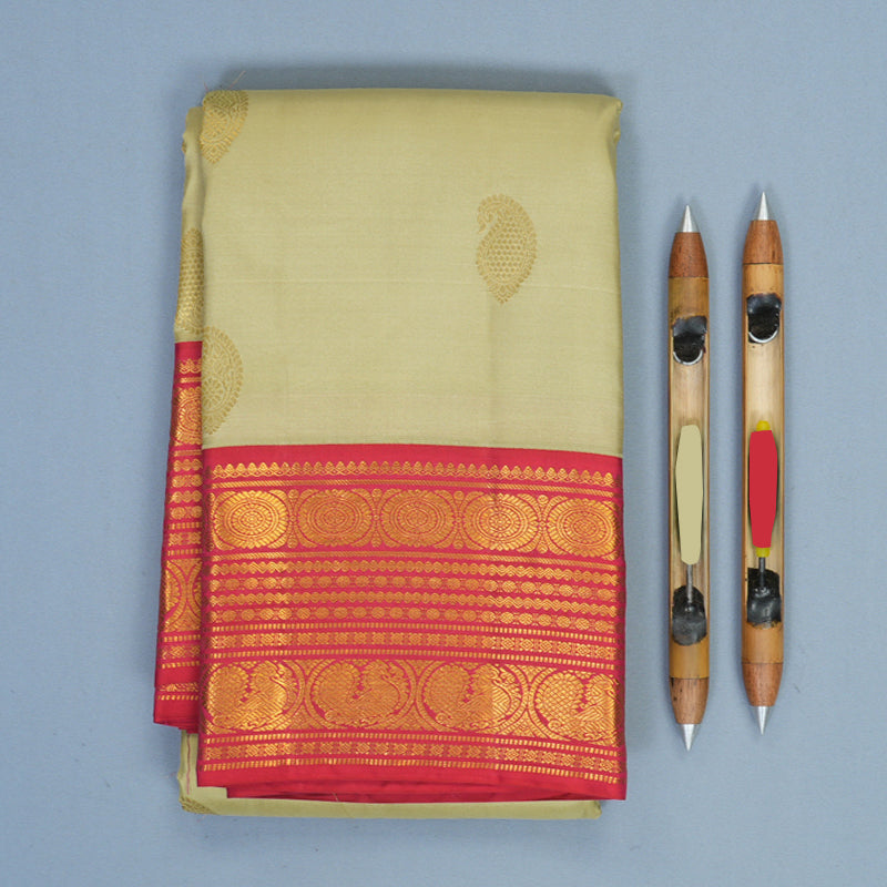 Hayagrivas Handloom Mild Sage Green Kanjivaram Silk Saree with Reddish-Pink Border KBF285E12-8