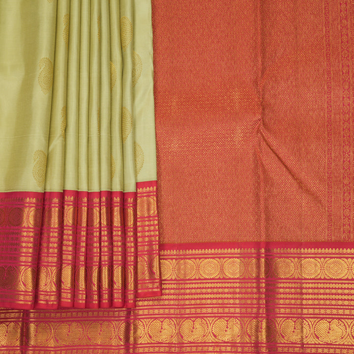 Hayagrivas Handloom Mild Sage Green Kanjivaram Silk Saree with Reddish-Pink Border KBF285E12-8