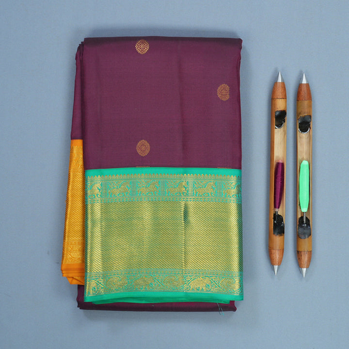 Hayagrivas Handloom Wine Purple Kanjivaram Silk Saree with Ganga Jamuna Border KBF285E12-9