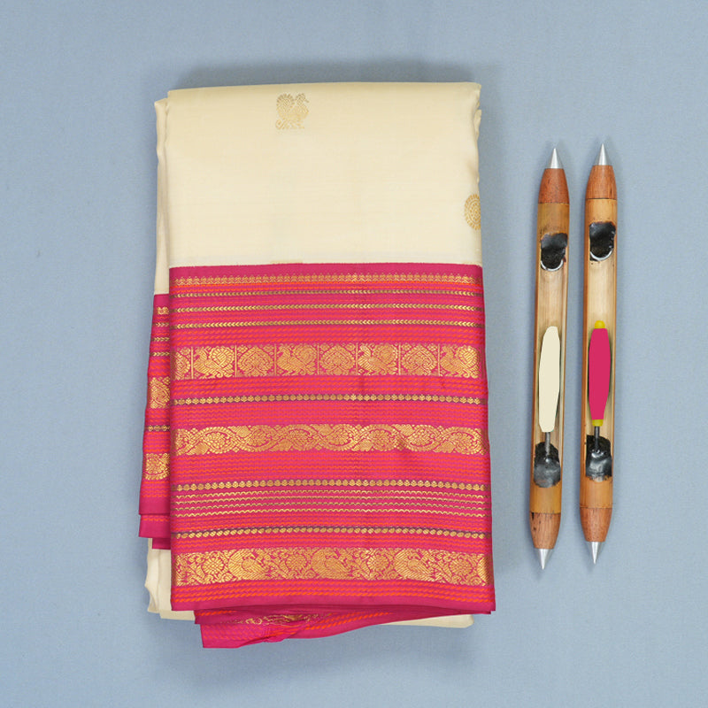 Hayagrivas Handloom Half-White Kanjivaram Silk Saree with Pink Border KBF285E14-2