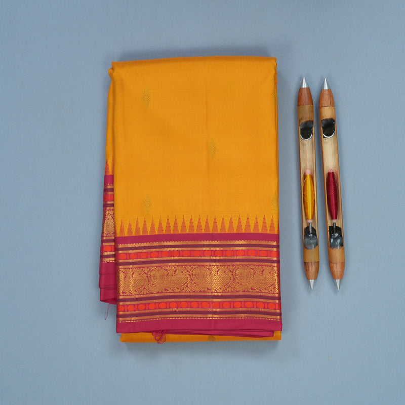 Hayagrivas Handloom Turmeric Yellow Kanjivaram Silk Saree with Pink Border KBF285E8-5