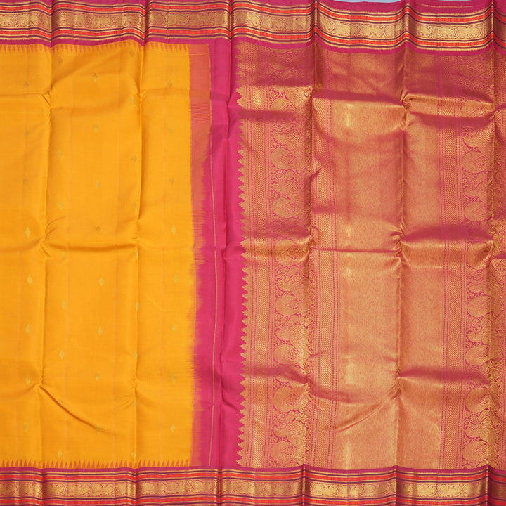 Hayagrivas Handloom Turmeric Yellow Kanjivaram Silk Saree with Pink Border KBF285E8-5