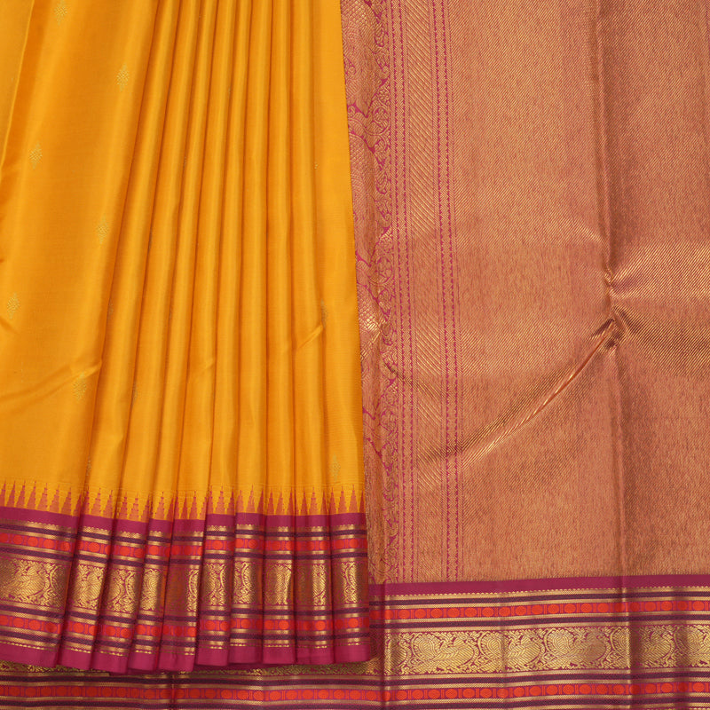Hayagrivas Handloom Turmeric Yellow Kanjivaram Silk Saree with Pink Border KBF285E8-5