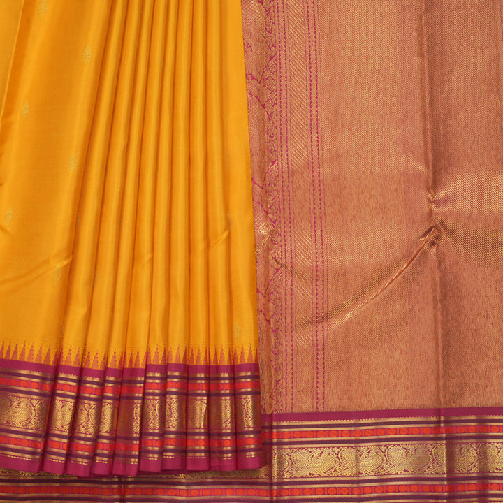 Hayagrivas Handloom Turmeric Yellow Kanjivaram Silk Saree with Pink Border KBF285E8-5
