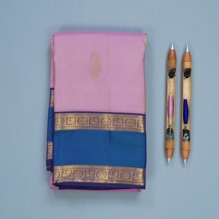 Hayagrivas Handloom Lavender-Pink Kanjivaram Silk Saree with Peacock Blue Border KBF285E9-1