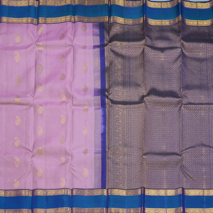 Hayagrivas Handloom Lavender-Pink Kanjivaram Silk Saree with Peacock Blue Border KBF285E9-1