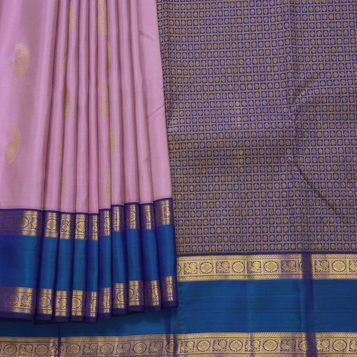 Hayagrivas Handloom Lavender-Pink Kanjivaram Silk Saree with Peacock Blue Border KBF285E9-1
