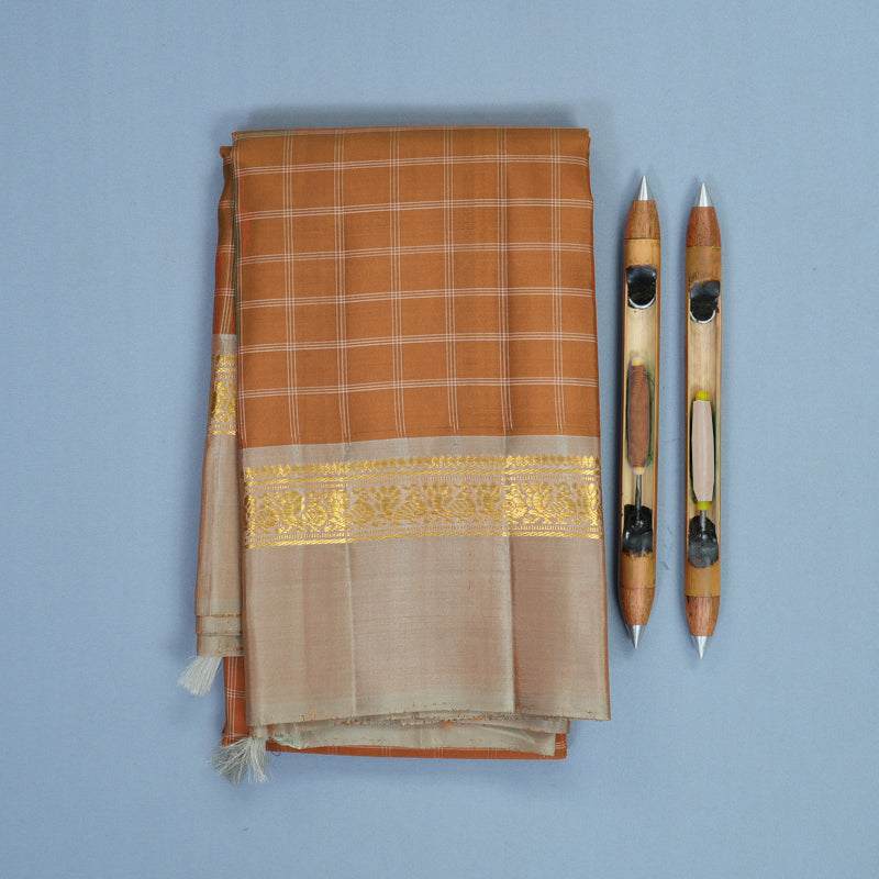 Hayagrivas Handloom Mustard Kanjivaram Silk Saree with Greige Border KBF286E8-9