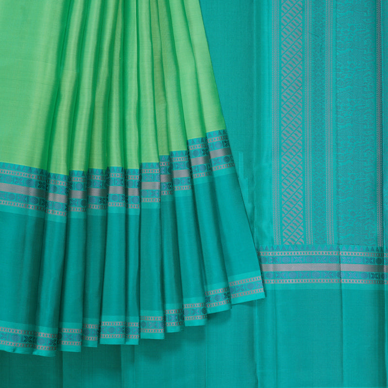 Hayagrivas Handloom Pastel Green Kanjivaram Silk Saree with Bright Teal Border KBF287E10-3