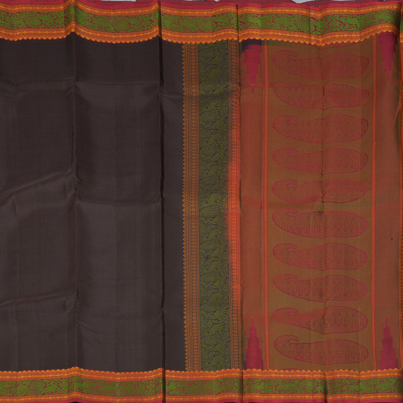 Hayagrivas Handloom Dark Chocolate Brown Kanjivaram Silk Saree with Maroon Border KBF287E11-1