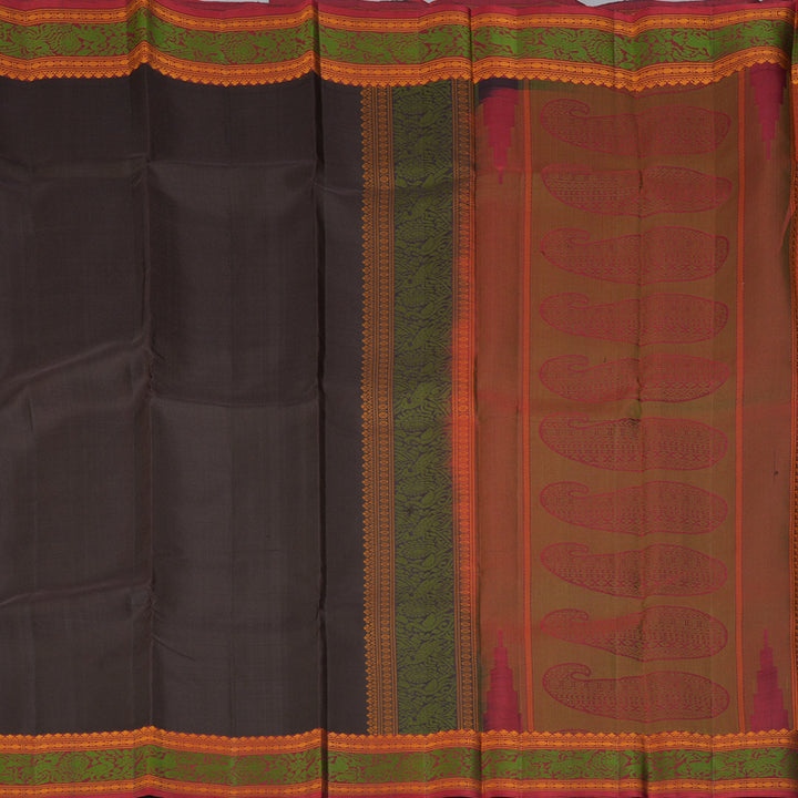 Hayagrivas Handloom Dark Chocolate Brown Kanjivaram Silk Saree with Maroon Border KBF287E11-1