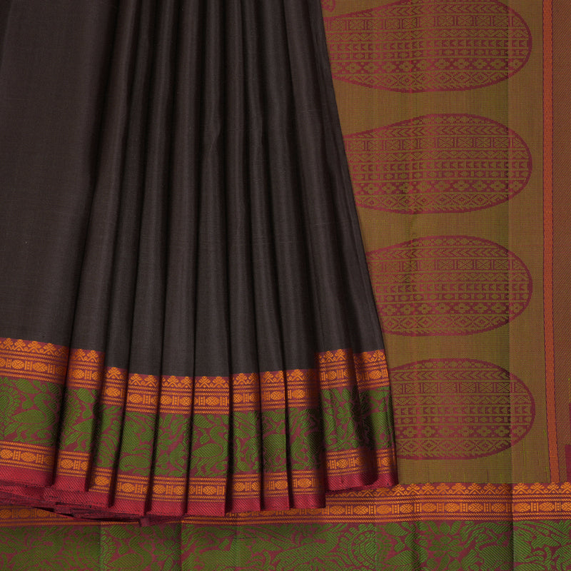 Hayagrivas Handloom Dark Chocolate Brown Kanjivaram Silk Saree with Maroon Border KBF287E11-1