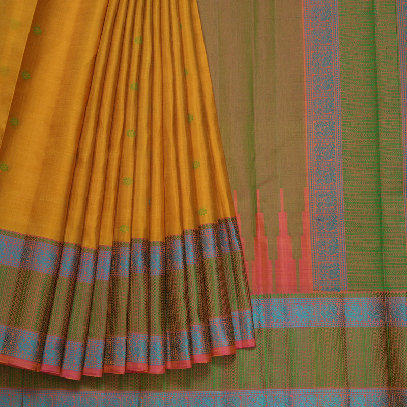 Hayagrivas Handloom Yellow Kanjivaram Silk Saree with Peach Pink Border KBF287E12-2