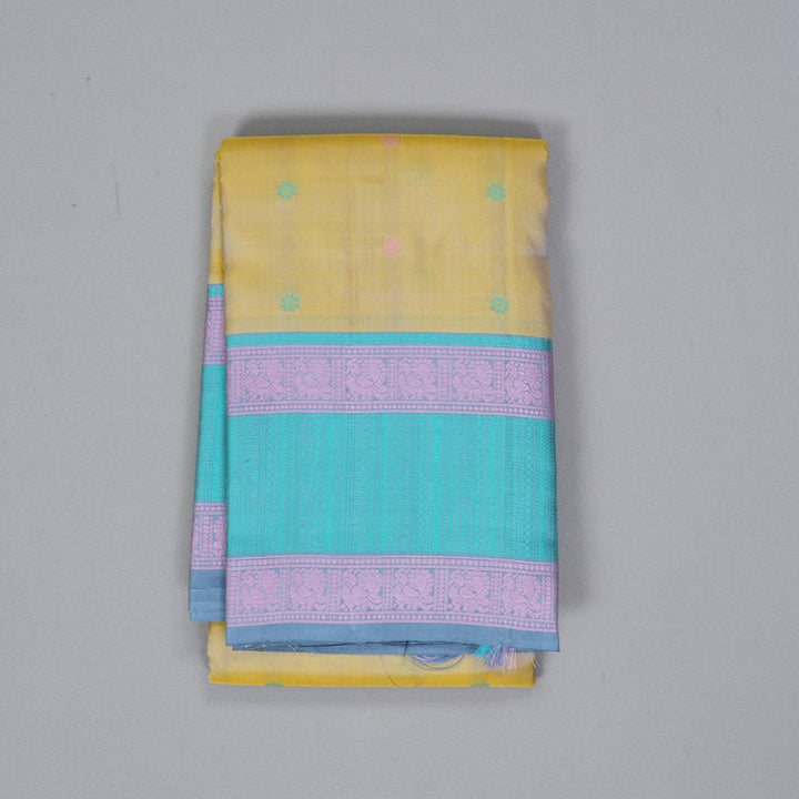 Hayagrivas Handloom Pale Yellow Kanjivaram Silk Saree with Sky Blue Border KBF287E12-4