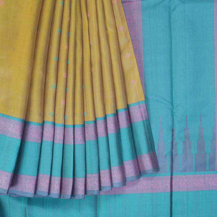 Hayagrivas Handloom Pale Yellow Kanjivaram Silk Saree with Sky Blue Border KBF287E12-4