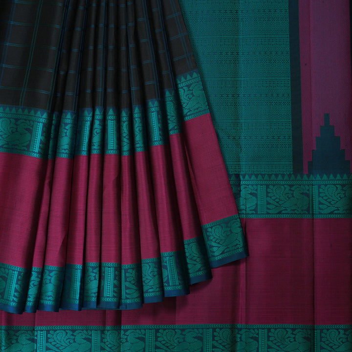 Hayagrivas Handloom Black Kanjivaram Silk Saree with Magenta Border KBF287E14-1