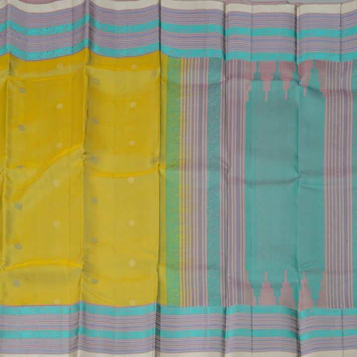 Hayagrivas Handloom Pale Yellow Kanjivaram Silk Saree with Lilac Border KBF287E2-2