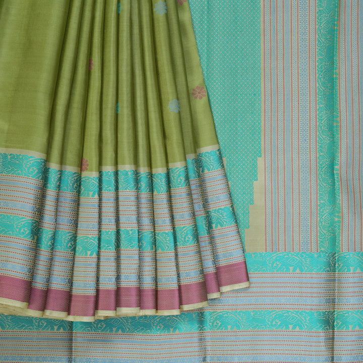 Hayagrivas Handloom Pista Green Kanjivaram Silk Saree with Cream Border KBF287E2-4